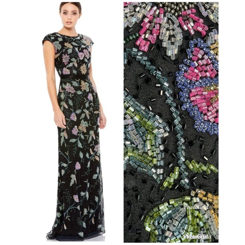 MAC DUGGAL Floral Beaded Cap Sleeve Evening Gown 5229 Black Multi NWT Size 6